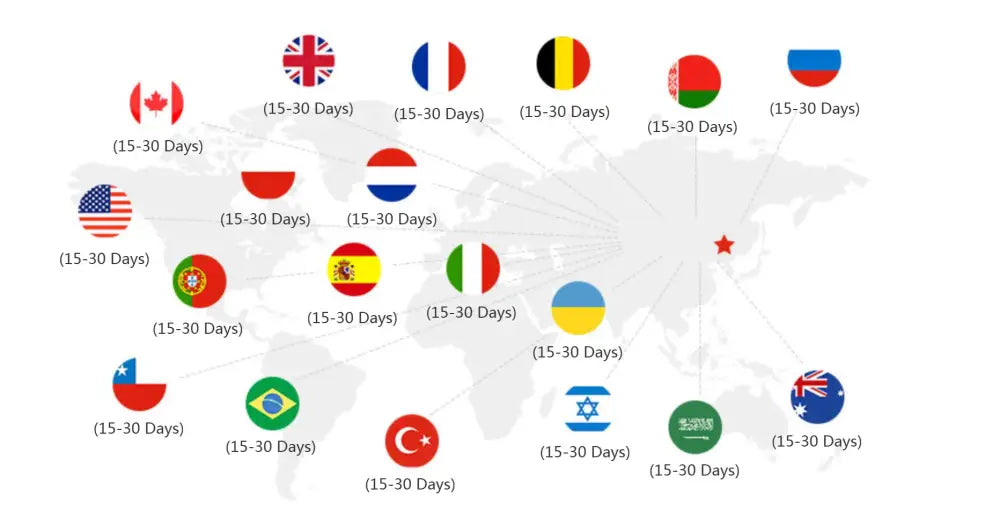 Black Gold Ring Chandelier shipping-map with international flags and 15-30 Days labels on Tampa Home & Garden Store