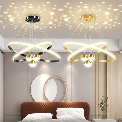 Black Gold Ring Chandelier with black and gold rings, glass globes, LED halo lights on Tampa Home & Garden Store
