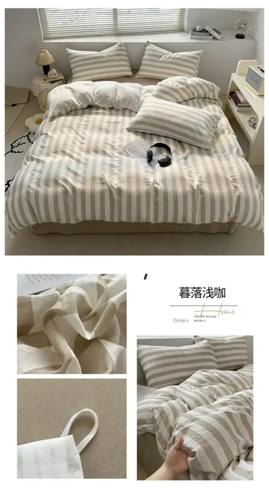 Cream striped quilt duvet cover set by Decorbites on a bed with 4 striped pillows in beige on Tampa Home & Garden Store
