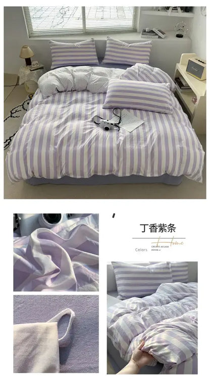 Decorbites Cream Striped Quilted Quilt on lavender bed with matching striped pillow shams on Tampa Home & Garden Store