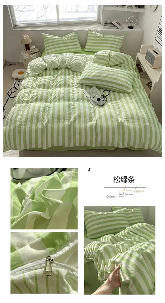 Decorbites green striped quilted duvet cover set with two pillow shams and zipper closure on Tampa Home & Garden Store