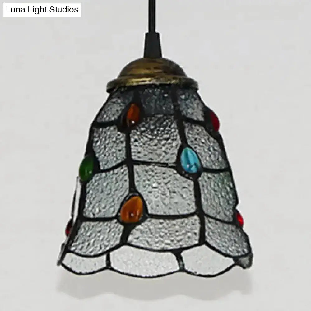 Tiffany amber stained glass trumpet ceiling lamp dining room pendant with multicolor gems on Tampa Home & Garden Store