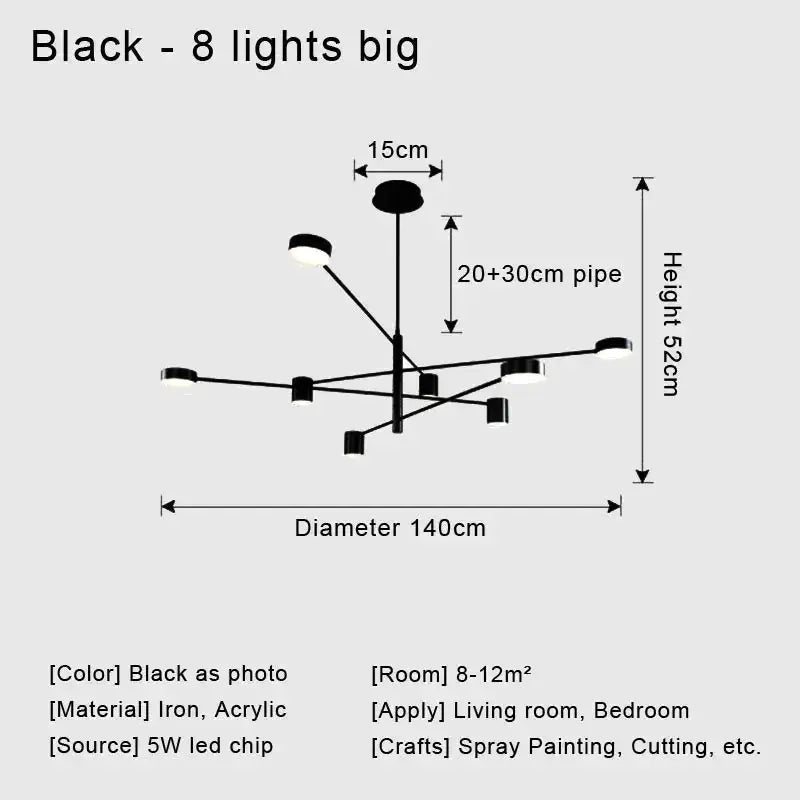 Chandelier Decorbites black metal eight-light modern ceiling fixture 140cm diameter on Tampa Home & Garden Store