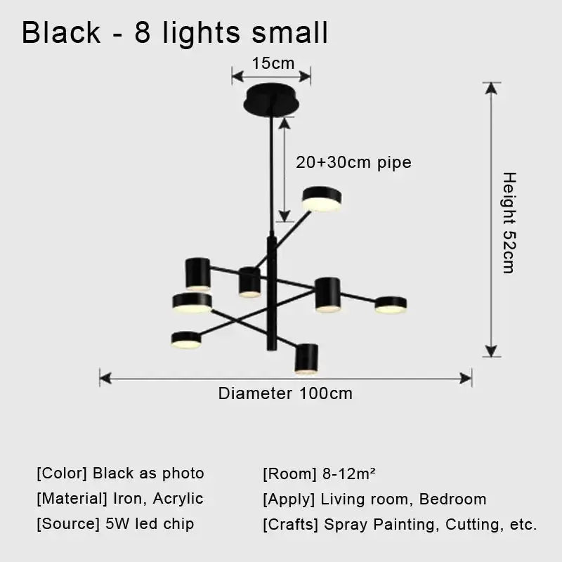 Modern black metal eight-light chandelier with cylindrical shades for living room decor on Tampa Home & Garden Store