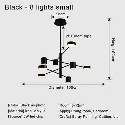 Modern black metal eight-light chandelier with cylindrical shades for living room decor on Tampa Home & Garden Store
