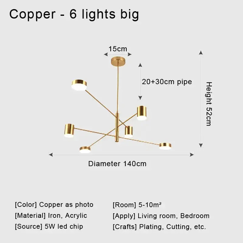 Copper six-light metal chandelier with a modern multi-arm design by Decorbites for living room on Tampa Home & Garden Store