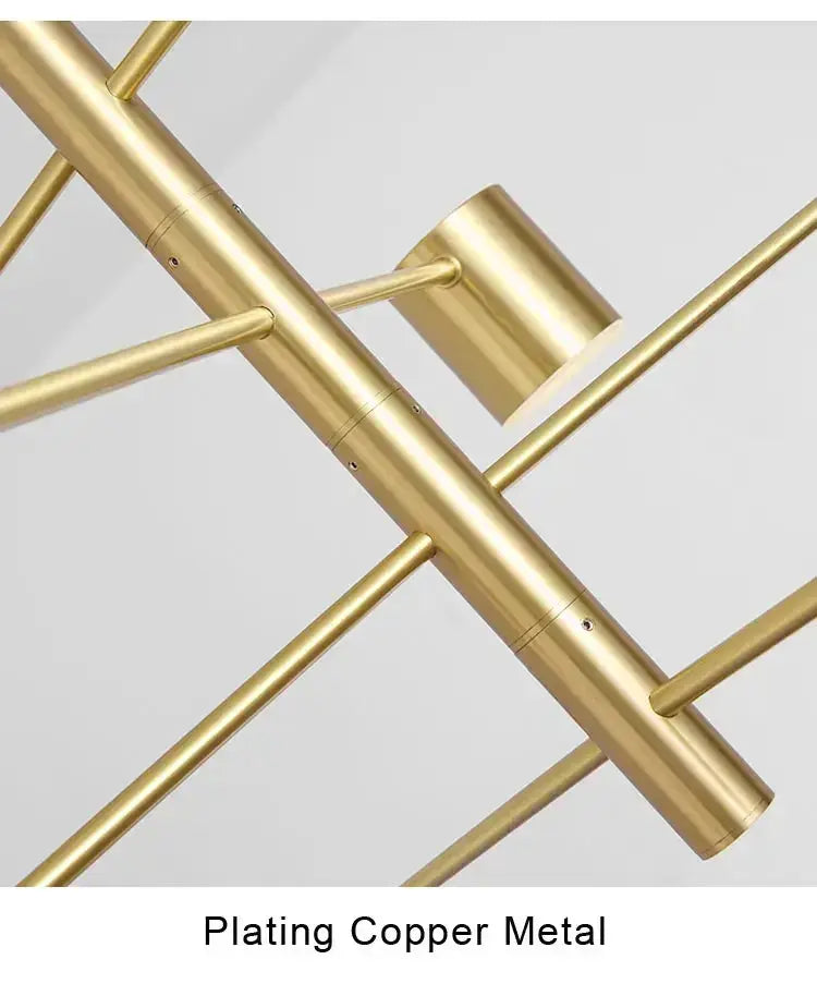 Chandelier with copper plated metal frame and intersecting rods, modern geometric design on Tampa Home & Garden Store