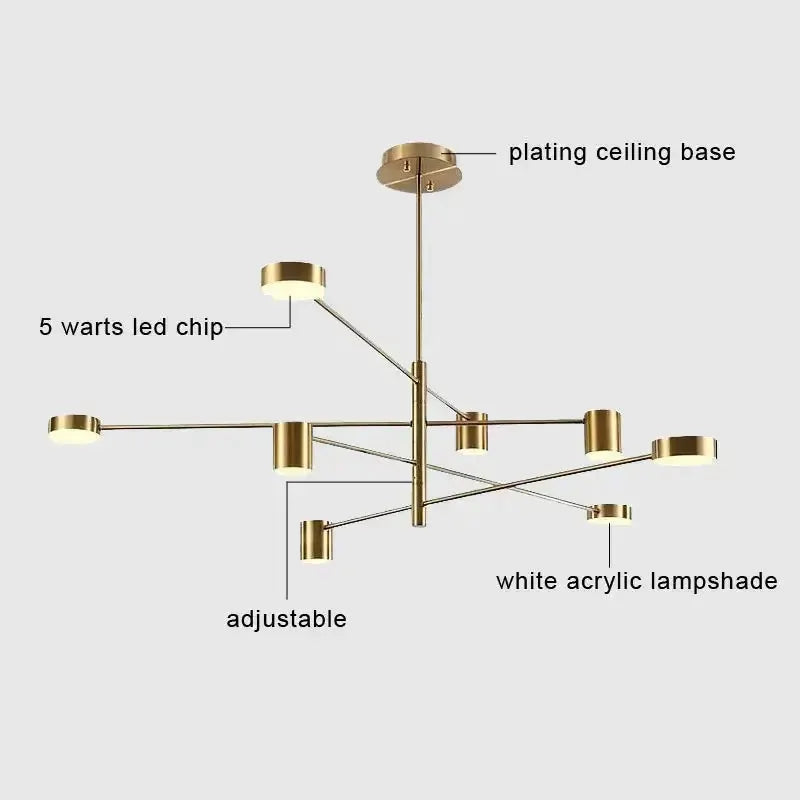 Chandelier by Decorbites: modern black metal with white acrylic lamp shades, adjustable arms on Tampa Home & Garden Store