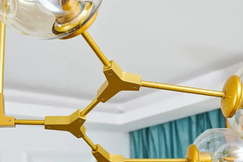 Chandelier Decorbites Nordic amber glass globes with gold metal arms and geometric joints on Tampa Home & Garden Store