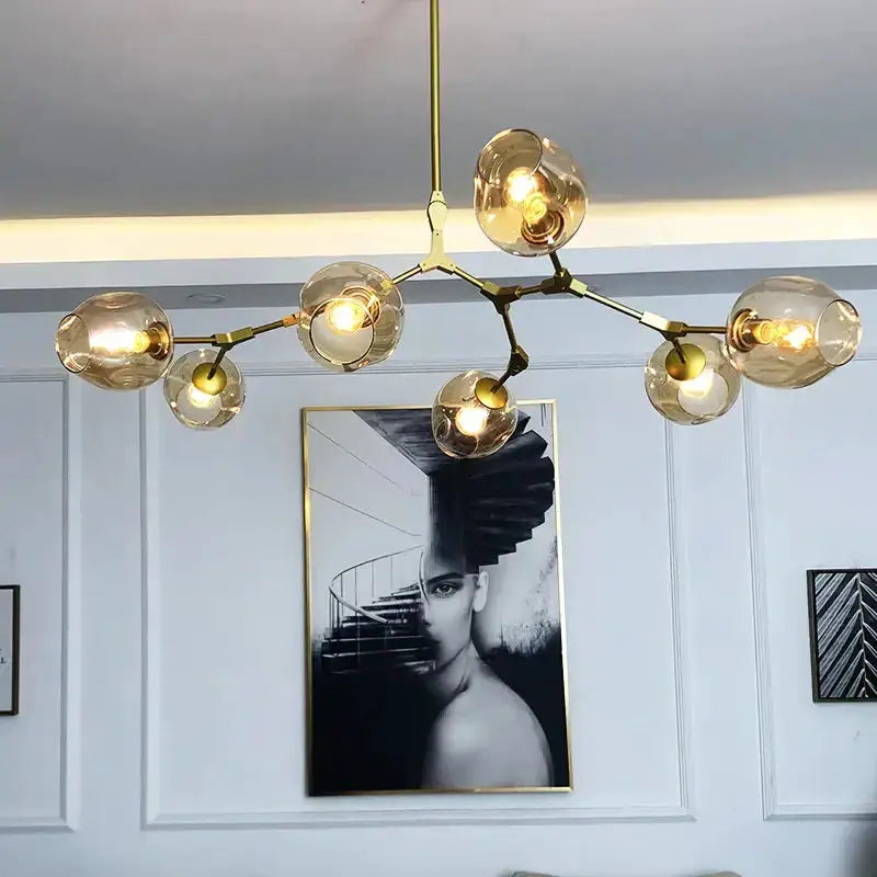 Chandelier Decorbites nordic amber glass with brass arms, six-light living room dining fixture on Tampa Home & Garden Store