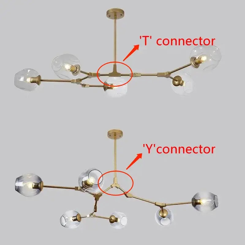 Nordic amber glass chandelier with brass finish and multiple arms holding clear glass bulbs on Tampa Home & Garden Store