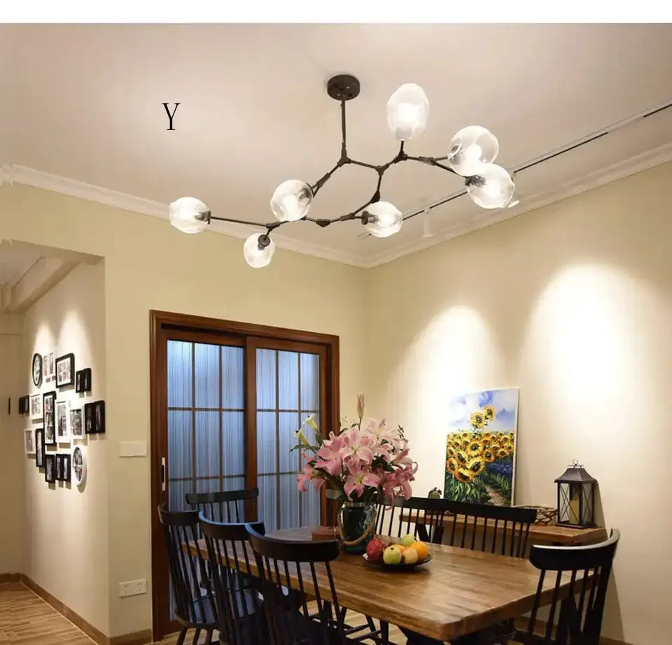 Chandelier Decorbites Nordic amber glass with black branching arms and glass globes on Tampa Home & Garden Store