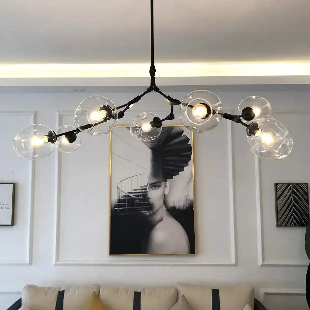 Chandelier stylish nordic amber glass with glass globes on black metal arms for living & dining on Tampa Home & Garden Store