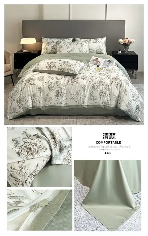 Pastel floral satin silk duvet cover set by Decorbites with matching pillowcases and sage green reverse on Tampa Home & Garden Store