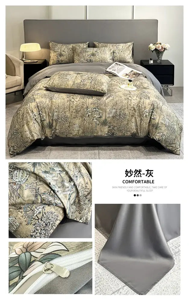 Pastel floral satin silk duvet cover set by Decorbites on a gray bed with matching shams on Tampa Home & Garden Store