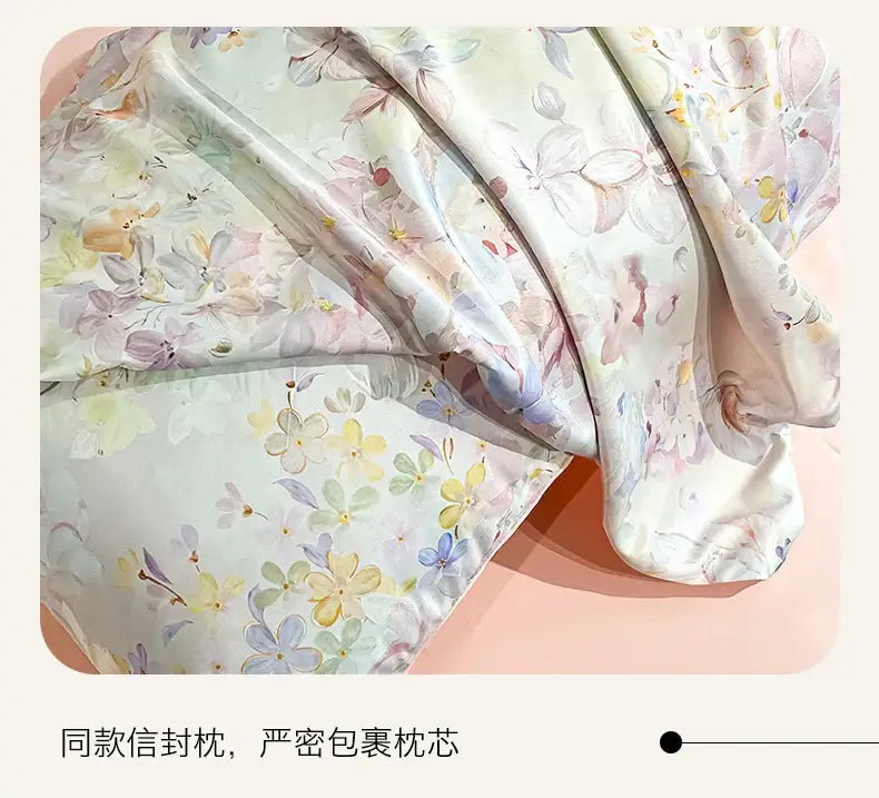 Pastel floral satin silk duvet cover set by Decorbites; silky sheen print on Tampa Home & Garden Store