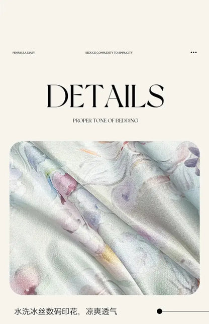 Pastel floral satin silk duvet cover set by Decorbites with soft watercolor print, close-up fabric detail on Tampa Home & Garden Store