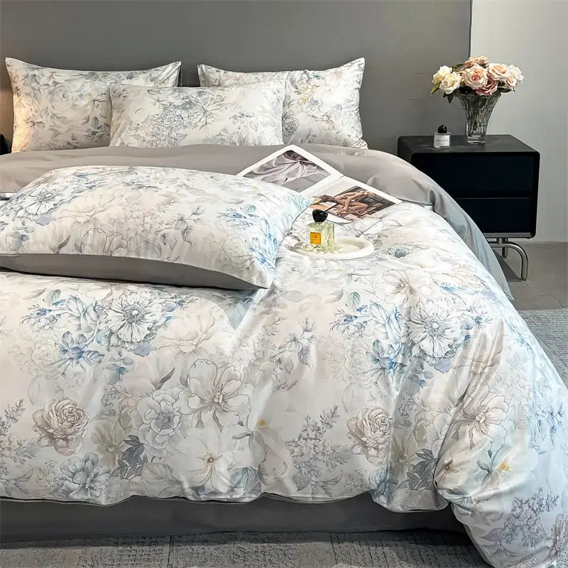 Pastel floral satin silk duvet cover set with matching pillow shams in gray-blue on Tampa Home & Garden Store
