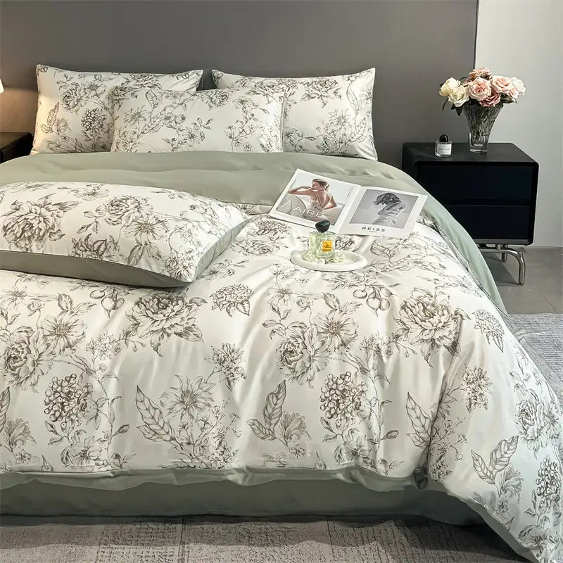 Pastel floral satin silk duvet cover set by Decorbites with matching shams on white bed on Tampa Home & Garden Store