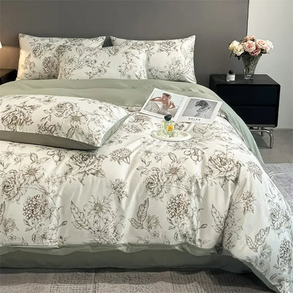 Pastel floral satin silk duvet cover set by Decorbites with matching shams on white bed on Tampa Home & Garden Store