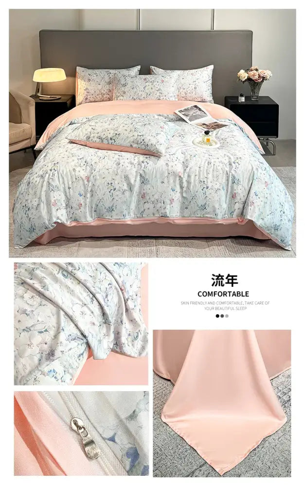 Pastel floral satin silk duvet cover set by Decorbites with pink satin trim and pillow shams on Tampa Home & Garden Store
