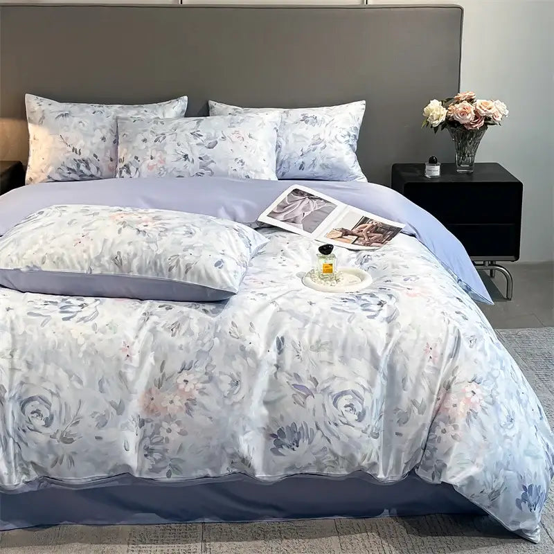 Pastel floral satin silk duvet cover set with lavender tones and pillow shams Decorbites on Tampa Home & Garden Store