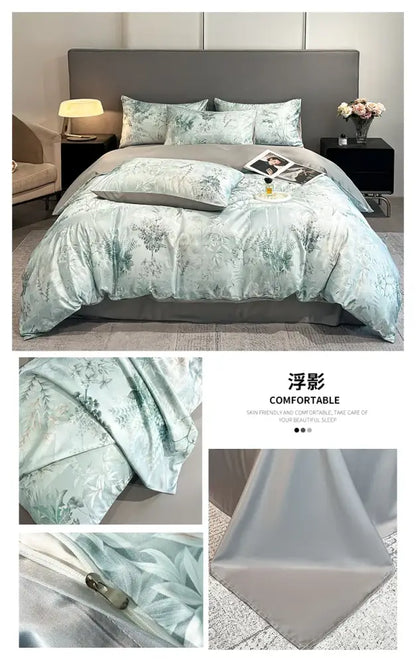 Pastel floral satin silk duvet cover set by Decorbites with teal botanical pattern; 4 pillows on Tampa Home & Garden Store