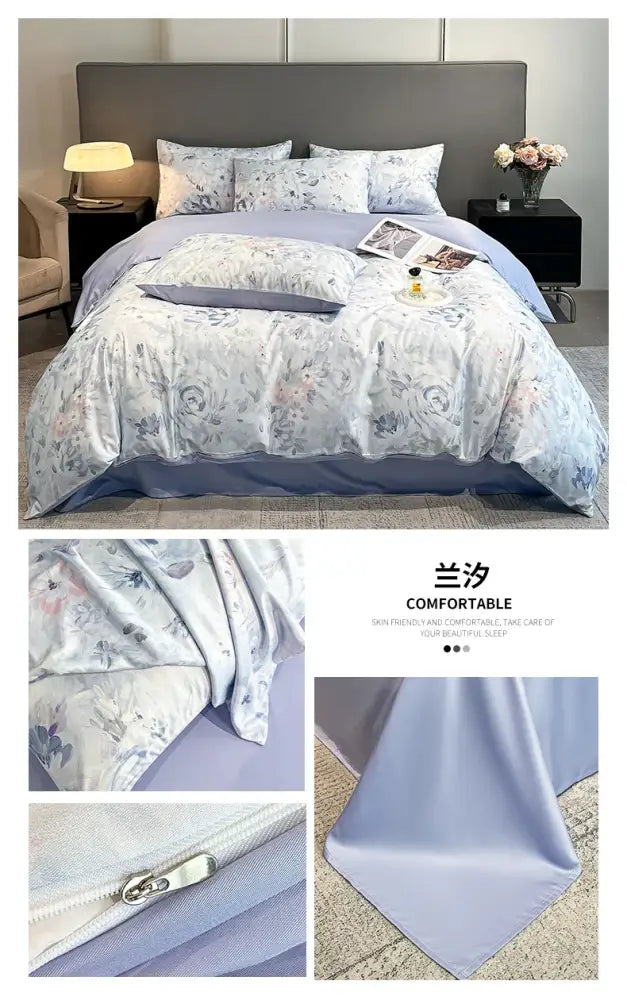 Decorbites pastel floral satin silk duvet cover set with lavender tones and shams on a gray bed on Tampa Home & Garden Store