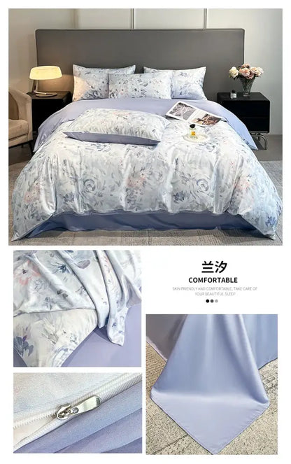 Decorbites pastel floral satin silk duvet cover set with lavender tones and shams on a gray bed on Tampa Home & Garden Store