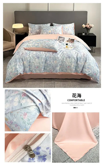 Pastel floral satin silk duvet cover set by Decorbites in blue florals with pink underside on Tampa Home & Garden Store