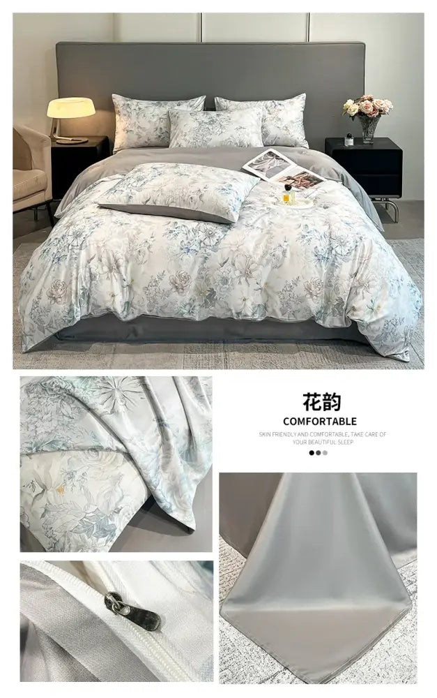 Pastel floral satin silk duvet cover set by Decorbites in grey-white tones on Tampa Home & Garden Store