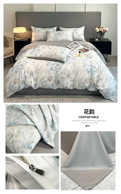 Pastel floral satin silk duvet cover set by Decorbites in grey-white tones on Tampa Home & Garden Store