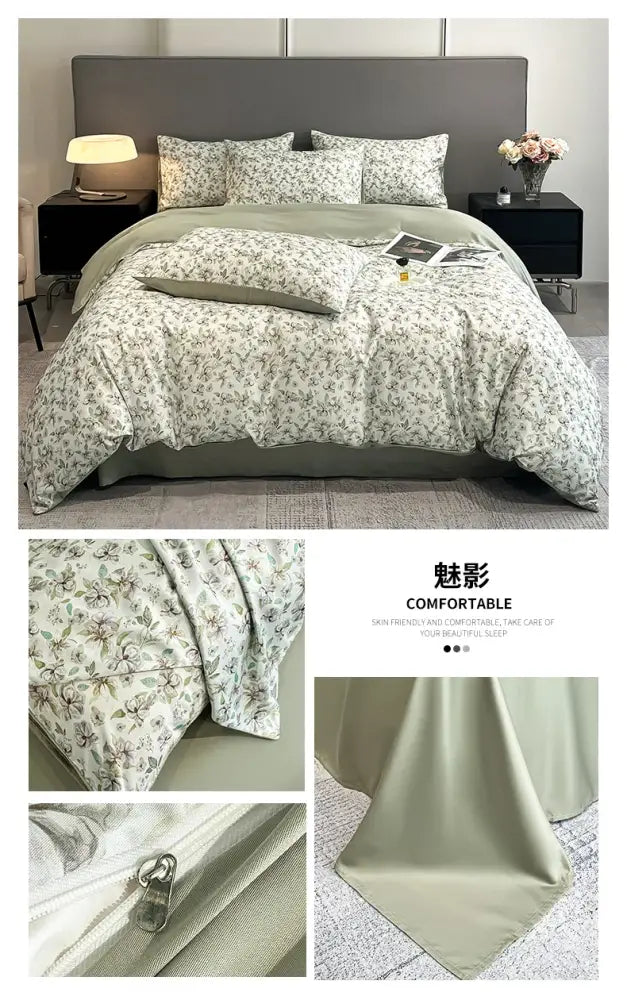 Pastel floral satin duvet cover set by Decorbites on a bed with pillow shams in gray-green on Tampa Home & Garden Store