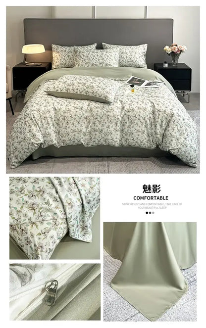 Pastel floral satin duvet cover set by Decorbites on a bed with pillow shams in gray-green on Tampa Home & Garden Store