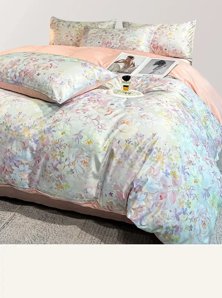 Pastel floral satin silk duvet cover set by Decorbites with soft pink backing on Tampa Home & Garden Store