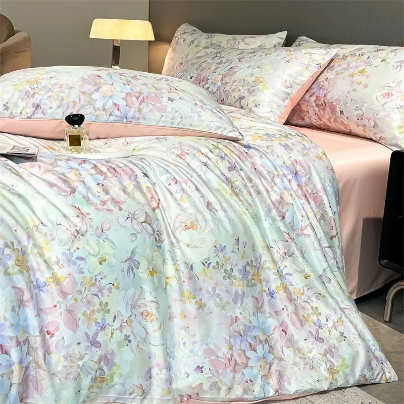 Pastel floral satin silk duvet cover set by Decorbites with pillow shams on bed on Tampa Home & Garden Store