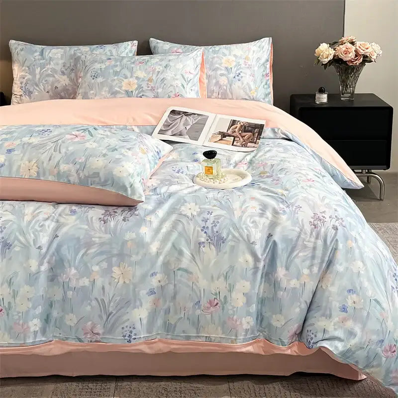 Pastel floral satin silk duvet cover set by Decorbites with pillow shams on bed on Tampa Home & Garden Store
