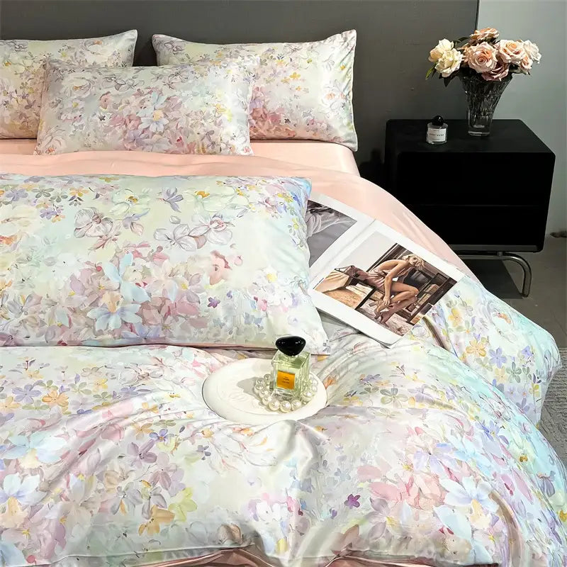 Pastel floral satin silk duvet cover set by Decorbites with pillow shams on a soft pastel bed on Tampa Home & Garden Store