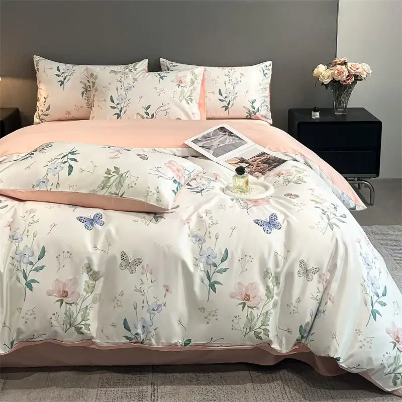 Pastel floral satin silk duvet cover set by Decorbites with pink reverse and pillowcases on Tampa Home & Garden Store