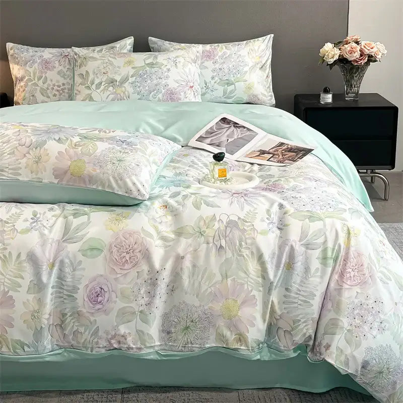 Pastel floral satin silk duvet cover set with 4 matched pillow shams and mint accents on bed on Tampa Home & Garden Store