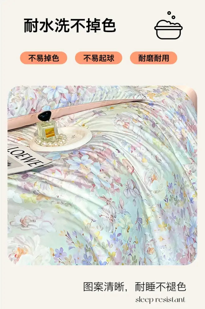 Pastel floral satin silk duvet cover set by Decorbites, soft pastel garden print on Tampa Home & Garden Store