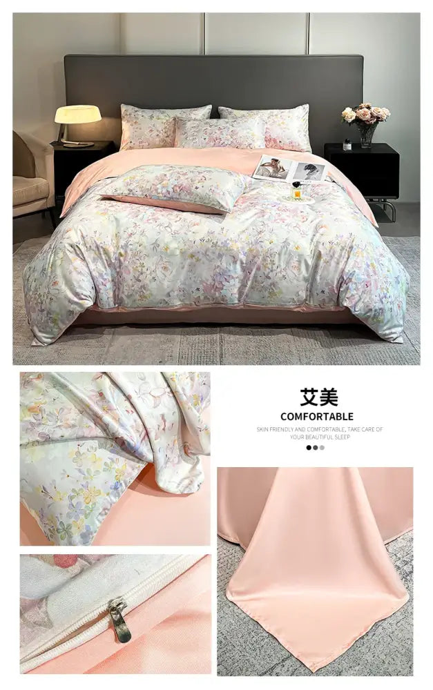 Pastel floral satin silk duvet cover set by Decorbites with pink backing on a bed on Tampa Home & Garden Store