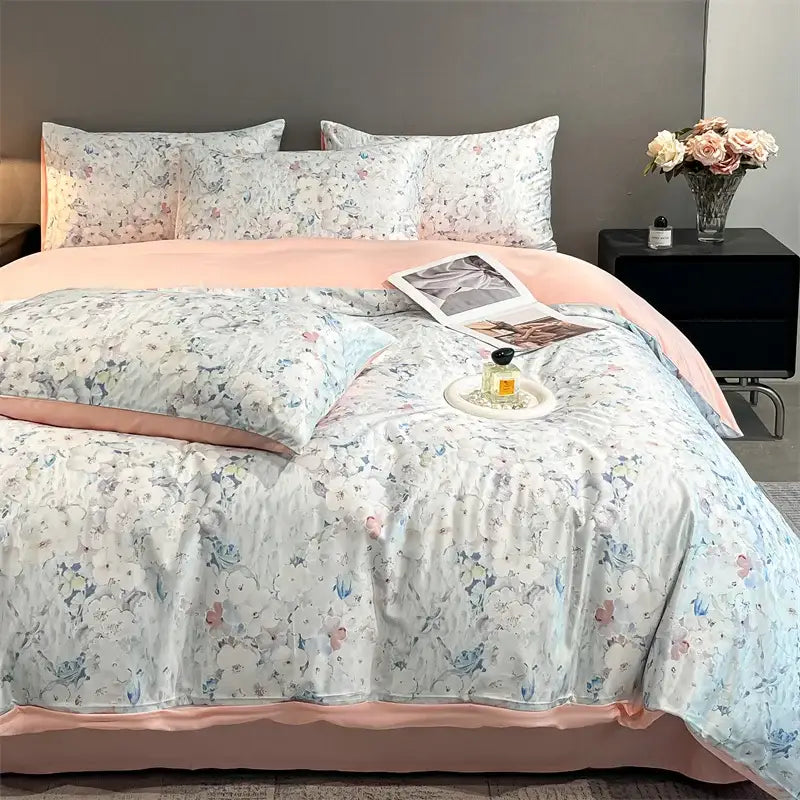Pastel floral satin silk duvet cover set with 3 matching pillow shams, Decorbites bedding on Tampa Home & Garden Store