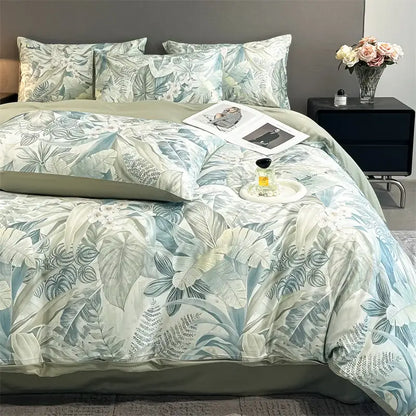 Pastel floral satin silk duvet cover set by Decorbites on bed with matching shams on Tampa Home & Garden Store