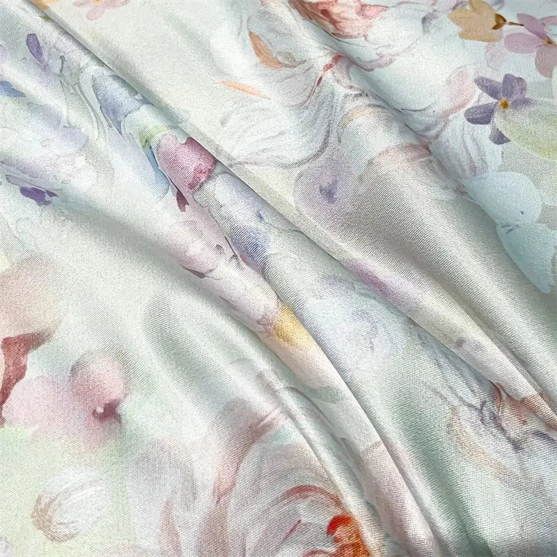 Pastel floral satin silk duvet cover set by Decorbites, pastel bouquet print, silky sheen on Tampa Home & Garden Store