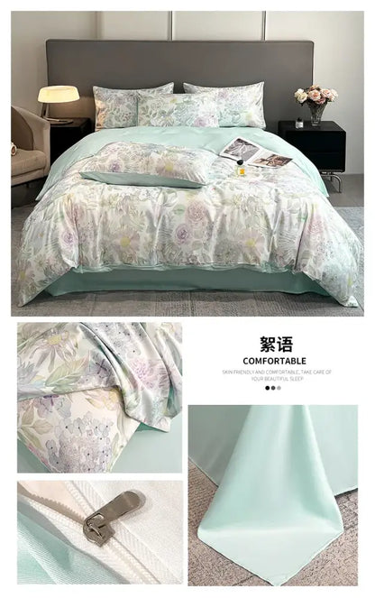 Pastel floral satin silk duvet cover set by Decorbites on mint green bed with shams on Tampa Home & Garden Store