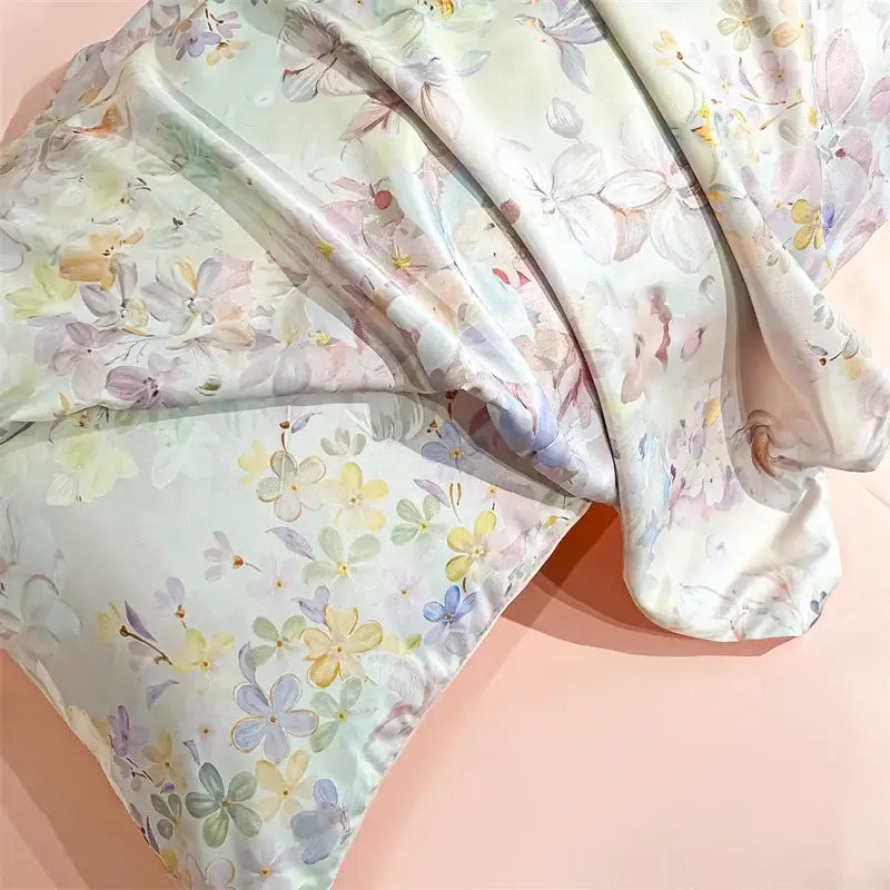 Pastel floral satin silk duvet cover set by Decorbites in soft pastel hues on Tampa Home & Garden Store