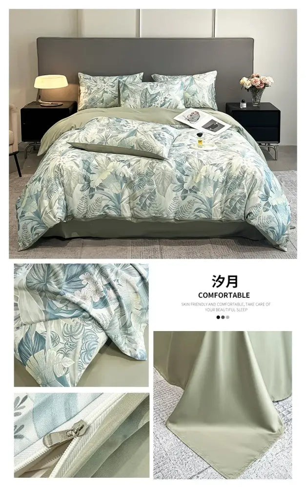 Pastel floral satin silk duvet cover set by Decorbites on bed with shams in sage green on Tampa Home & Garden Store