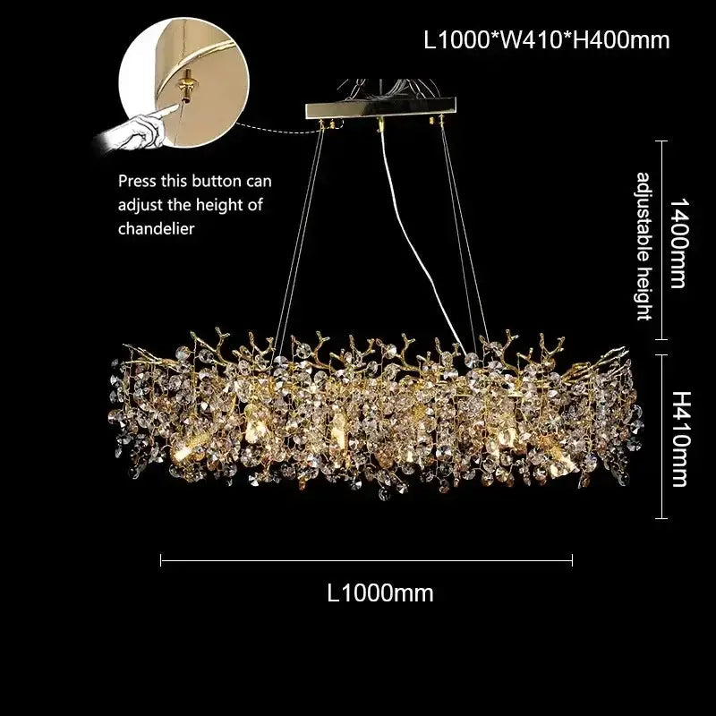 Golden sunflower crystal chandelier by Decorbites, gold branching pendant with crystals 1000mm on Tampa Home & Garden Store
