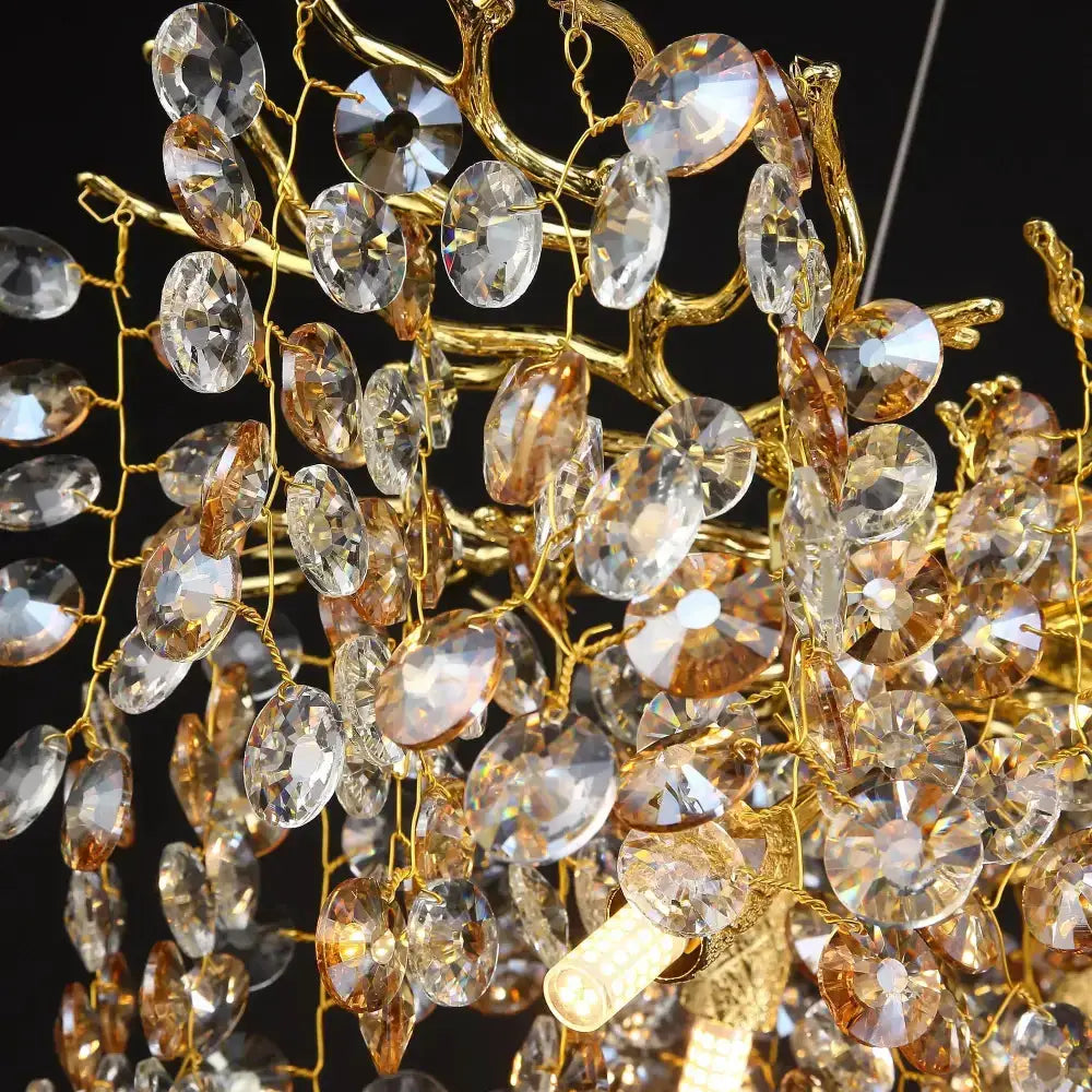 Golden sunflower crystal chandelier with branching gold frame and crystal prisms Decorbites on Tampa Home & Garden Store